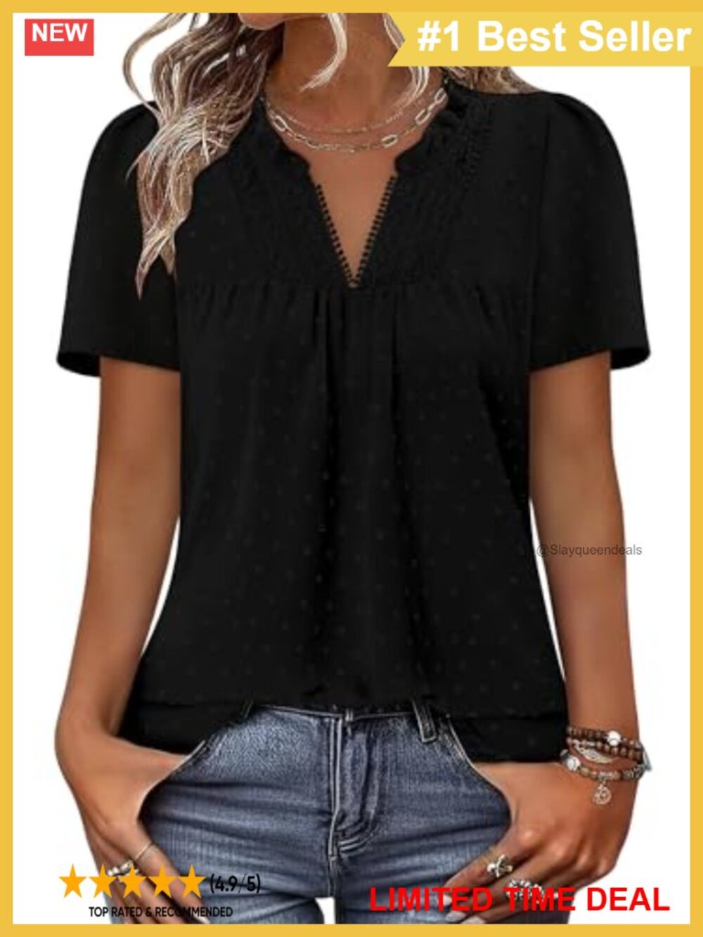Swiss Dot V-Neck Short Sleeve Blouse Flowy Boho Top